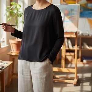 Eileen Fisher Black Silk Long Sleeve Top Size L Relaxed Quiet Luxury Minimalist